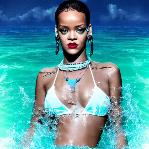 Prompt: rihanna in the ocean, seapunk, creative photo manipulation, creative photoshop, digital art