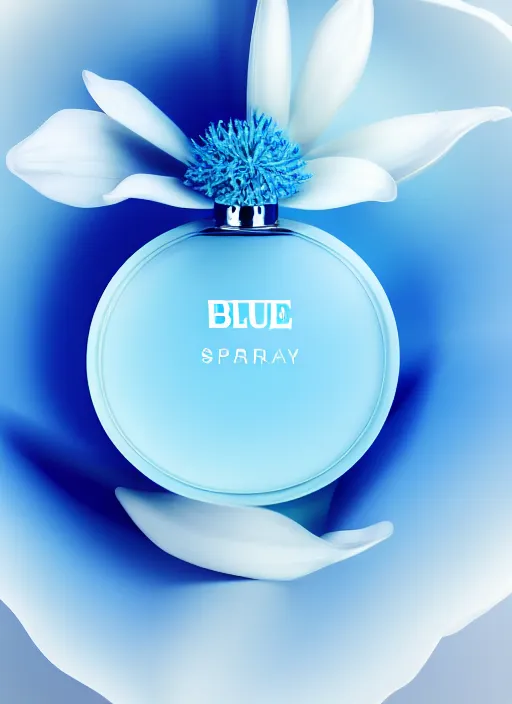 Image similar to blue perfume standing in white enchanted sparse blue flowersup close shot, sharp focus, zen, clean, modern minimalist, vogue octane highly render, 4 k, ultra hd,