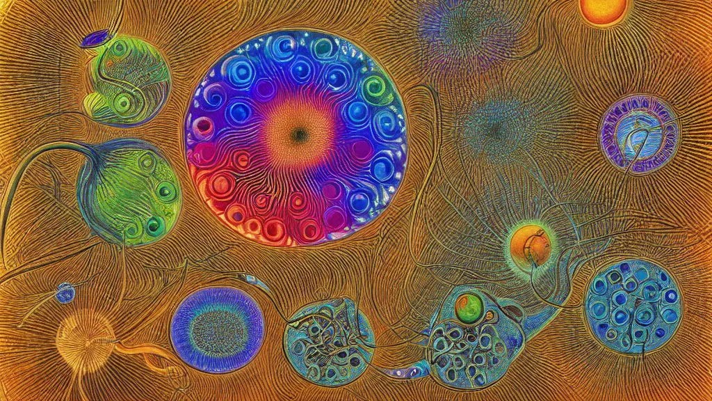 Image similar to quantum connections represented as symbiotic organisms like cells playing around with colorful lights by ernst haeckel, smooth, sharp, realistic