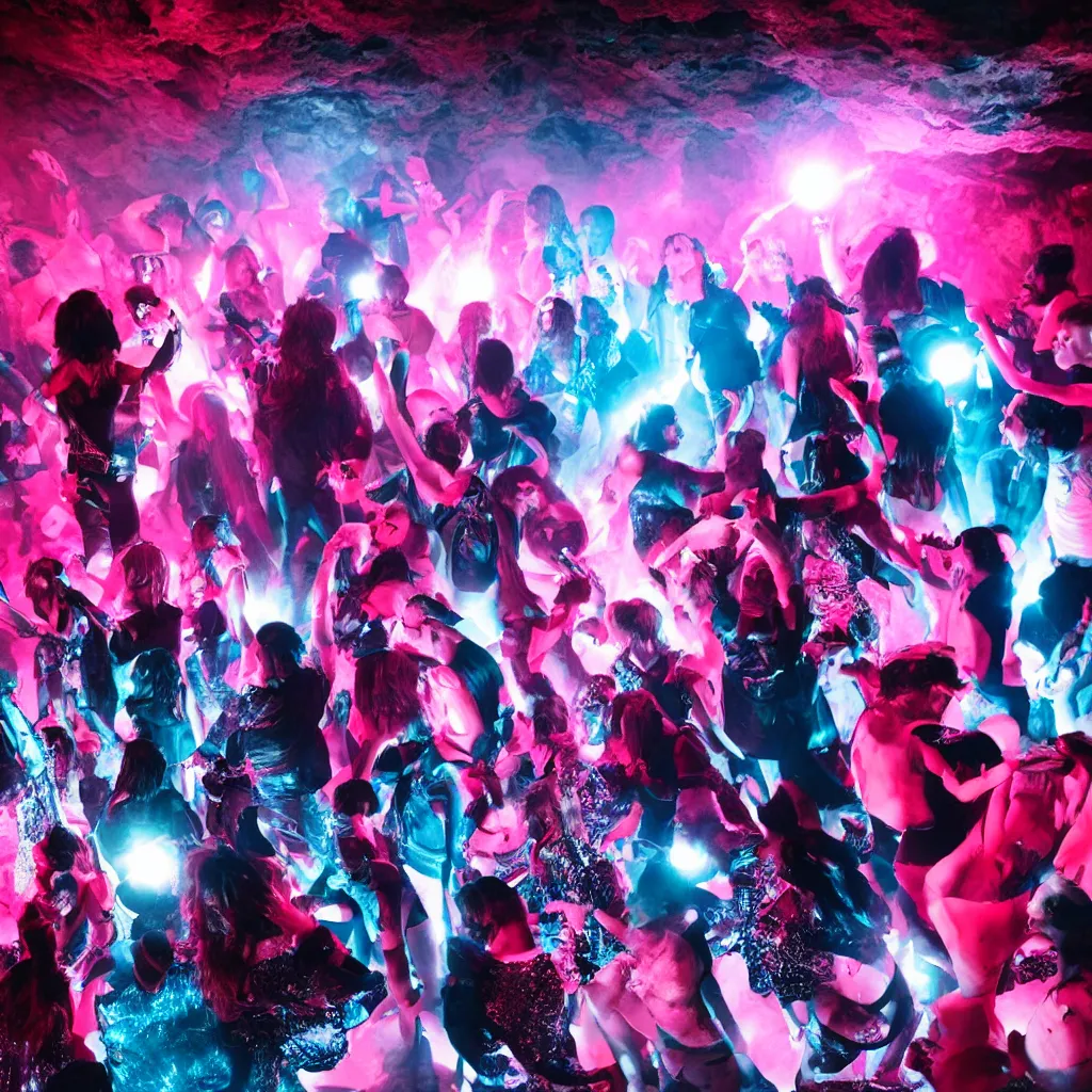 Prompt: cinematic shot of a goth disco nightclub in a cave, knives made of pink lasers and blue crystals forming the shape of a sphere, goth people dancing, 8k photograph