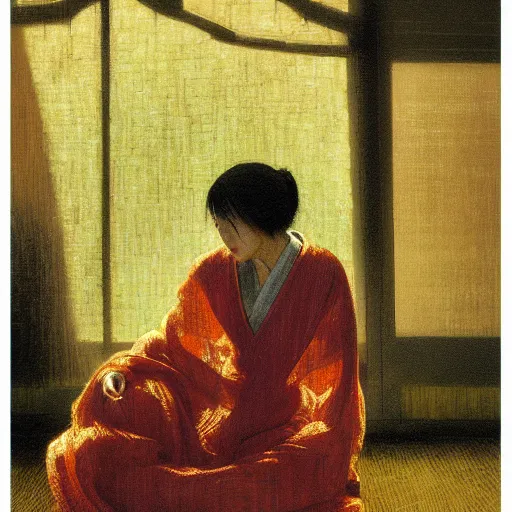 Prompt: a japanese woman draped in loose woven textile cloth, lush, opulent, contemplative, warm glow, rebirth, renaissance, chiaroscuro, bathed in light, impressionism, abstract dappled background, prism, radiosity, pj crook, syd mead, livia prima, artgerm, greg rutkowski, nick alm, casey baugh, deep color