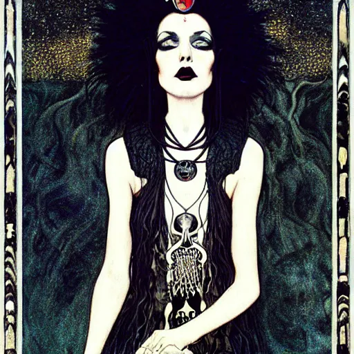 Image similar to death, a beautiful pale goth girl wearing a black vest and black punk hair, an ankh medallion hangs around her neck. portrait by joshua middleton and gustav klimt, vertigo comic