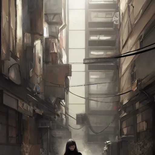 Image similar to a perfect, realistic professional acryl painting of a Japanese schoolgirl posing in a dystopian alleyway, style of Marvel, full length, by a professional American senior artist on ArtStation, a high-quality hollywood-style concept