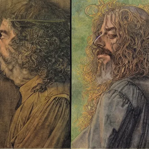 Image similar to 1 9 7 0 s orchestral music album art by alan lee and albrecht durer