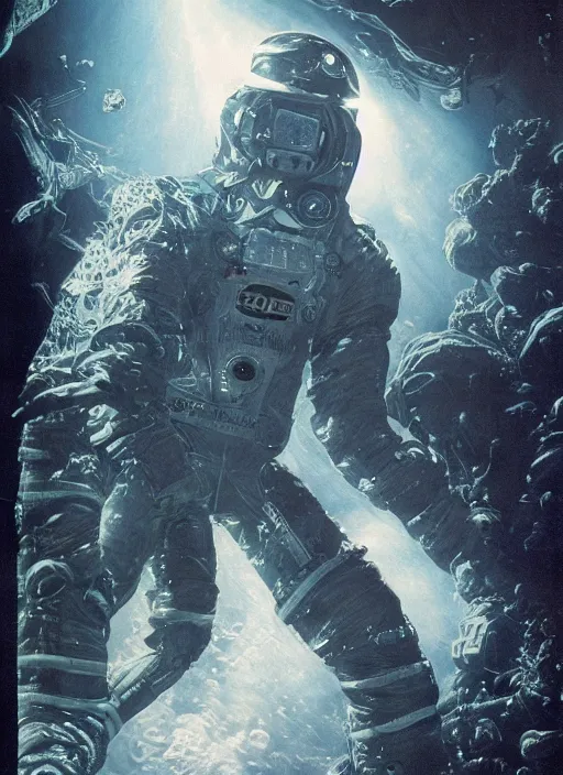 Image similar to astronauts in dark void underwater - complex and hyperdetailed suit. reflection and dispersion materials. rays and dispersion of light. glowing lights. volumetric light. f / 3 2. noise film photo. flash photography. ultra realistic, wide angle. poster by wayne barlowe, hajime sorayama aaron horkey, craig mullins