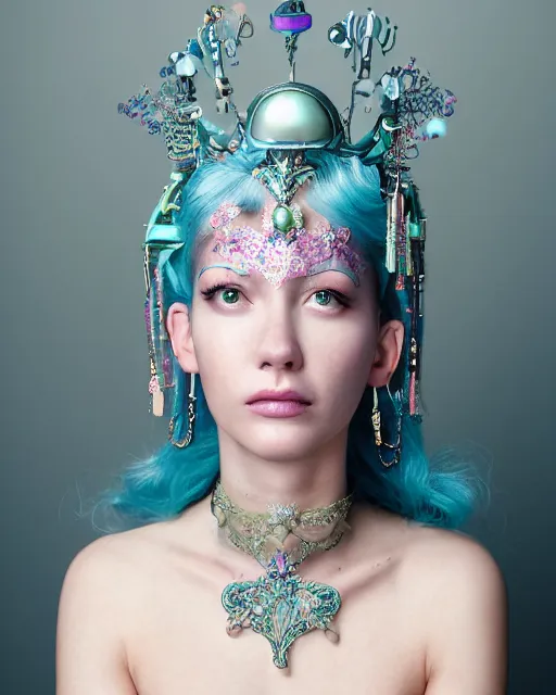 Image similar to natural light, soft focus portrait of an android with soft synthetic pink skin, blue bioluminescent plastics, smooth shiny metal, elaborate ornate head piece, piercings, venetian mask, skin textures, by annie liebovotz,