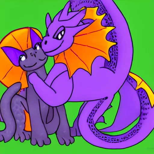 Prompt: tiny adorable purple fantasy dragon, the dragon is hugging an orange tabby cat, orange tabby cat hugging tiny purple dragon