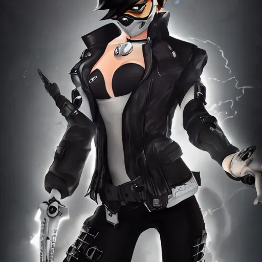 Image similar to tracer from overwatch, wearing goth outfit, black hair, 4 k, detailed face, smirky expression, detailed face, focus on eyes, blur, beautiful lighting, low contrast,