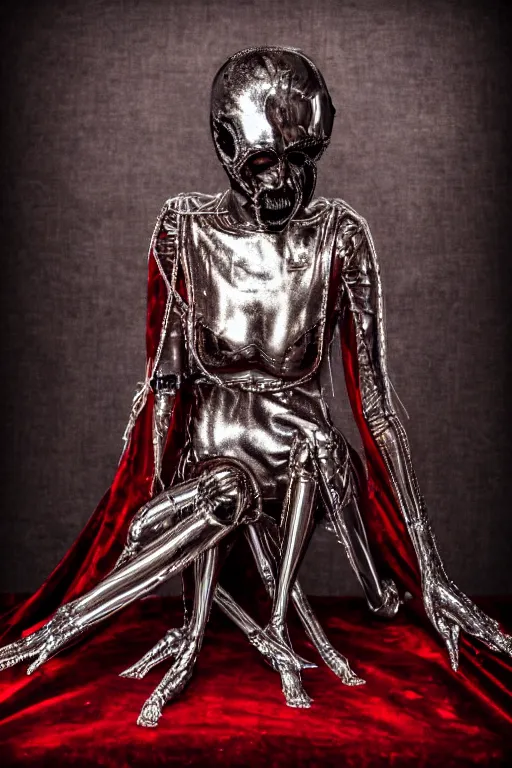 Image similar to russian matrioska made with chrome, metallic sculpture, layed on a red velvet fabric, by hedi xandt and emil melmoth, macabre art, dark surrealism, epic and cinematic view, volummetric light, texturized, detailed, 8 k