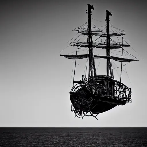 Prompt: Black and White photo of steampunk airship flying across the Atlantic Ocean