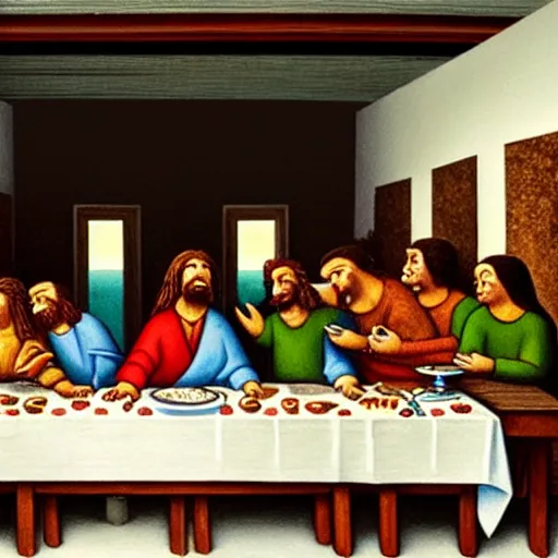 Image similar to last supper with the simpsons characters, art, trending in artsation, winning award painting, oleo style, framed paint, homer is breaking the bread