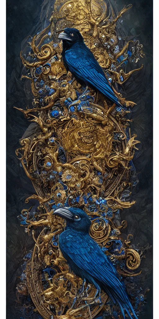 Prompt: a stunning interpretation of raven, highly detailed and intricate, golden ratio, blue colors, hypermaximalist, ornate, luxury, elite, horror, creepy, ominous, haunting, matte painting, cinematic, cgsociety, james jean, brian froud, ross tran