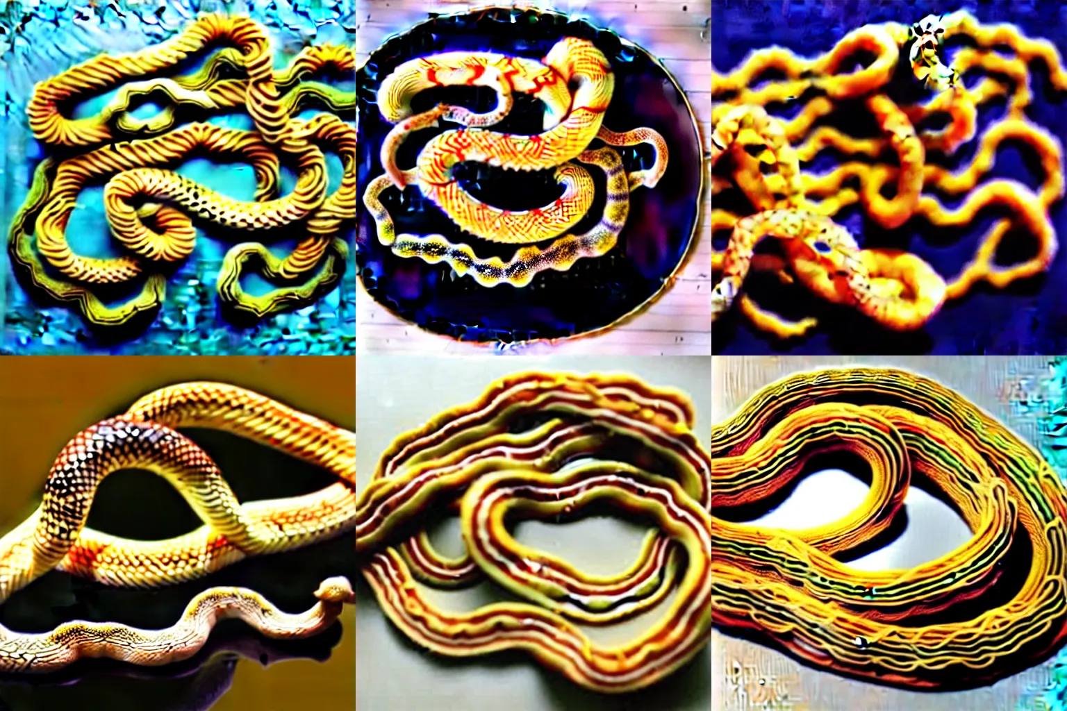 Prompt: A snake made of conglomerated udon noodle worms, by Ron Spencer