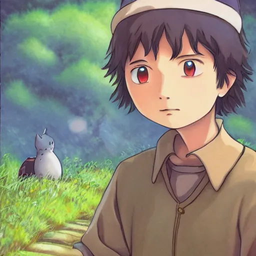 Prompt: friendly guy and small creature , with Fragile looking character portrait face by Ghibli artstyle highly detailed art, beautiful scene, sharp focus, smooth, 8k, anime art