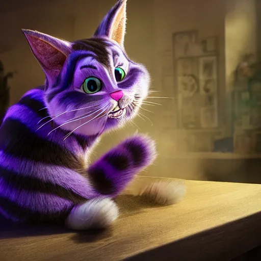 Image similar to full body pose, hyperrealistic photograph of the cheshire cat as a cute kitten, dim volumetric lighting, 8 k, octane beautifully detailed render, extremely hyper detailed, intricate, epic composition, cinematic lighting, masterpiece, trending on artstation, very very detailed, stunning, hdr, smooth, sharp focus, high resolution, award, winning photo, dslr, 5 0 mm