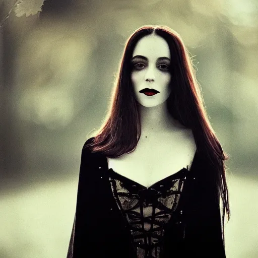 Prompt: A beautiful portrait of a lady vampire, victorian, '20, ominous, depth of field, bokeh, irwin penn, soft light, cinematic