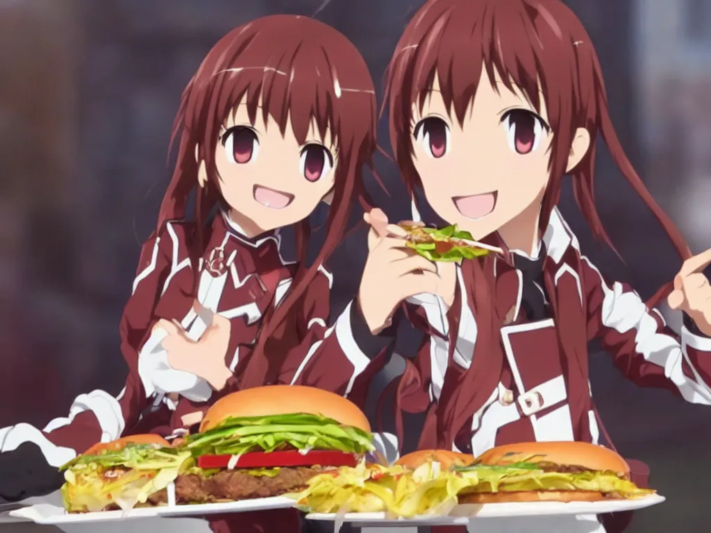 Image similar to yuuki konno from sword art online eating a big burger and being happy, High Definition detail, 8K, anime