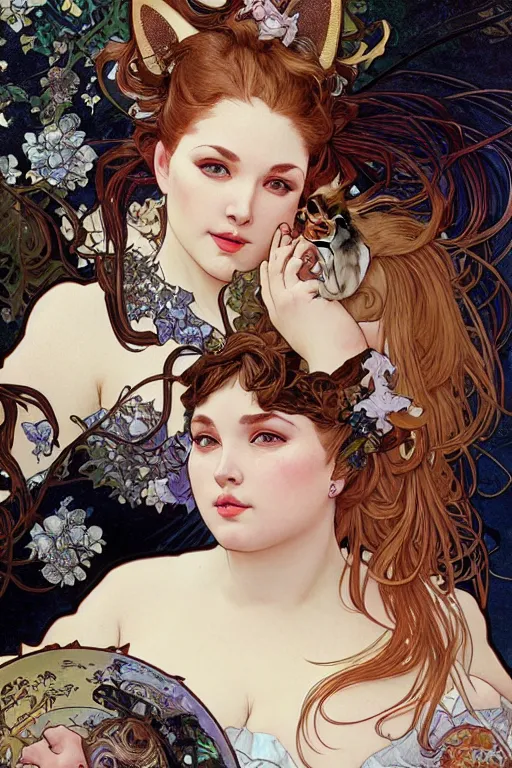 Prompt: hyper-realistic detailed full body portrait of attractive overweight, plus-sized model mature woman with cat ears by Alphonse Mucha, Ayami Kojima, Amano, Charlie Bowater, Karol Bak, Greg Hildebrandt, Jean Delville, and Mark Brooks, Art Nouveau, Neo-Gothic, gothic, rich deep colors