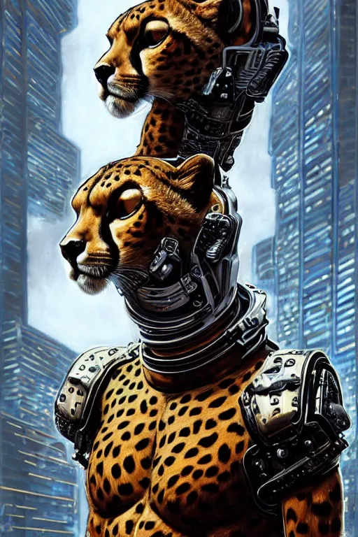 Image similar to a portrait of a muscular anthropomorphic cyberpunk cheetah in spacesuit armor with ensignia on chest plate by sandra chevrier, by jon foster, detailed render, post - processing, extremely hyperdetailed, intricate, epic composition, cybernetics, 4 k realistic, cryengine, realistic shaded lighting, sharp focus, masterpiece, by enki bilal