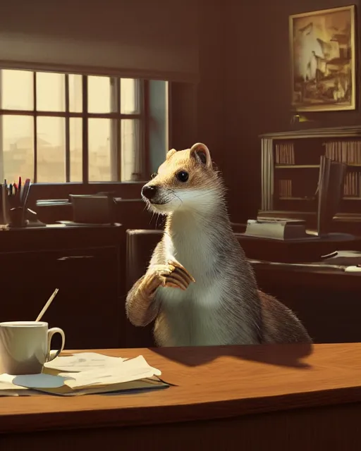 Image similar to artstation scifi scene of a weasel in suits drinking tea ， in a shabby lawyer office, wooden furnitures summer unreal engine 5, hyper realism, realistic shading, cinematic composition, blender render, octane render, hdr, detailed textures, photorealistic, wide shot