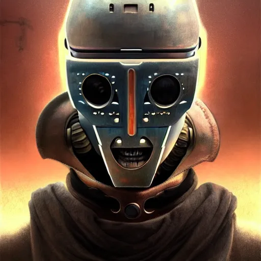 Prompt: detailed character concept art portrait of a masked robot in a city, trending on artstation, award - winning video game concept art by jim burns and greg rutkowski, beksinski, a sci - fi concept art masterpiece, james gilleard, bruegel, alphonse mucha, and yoshitaka amano.