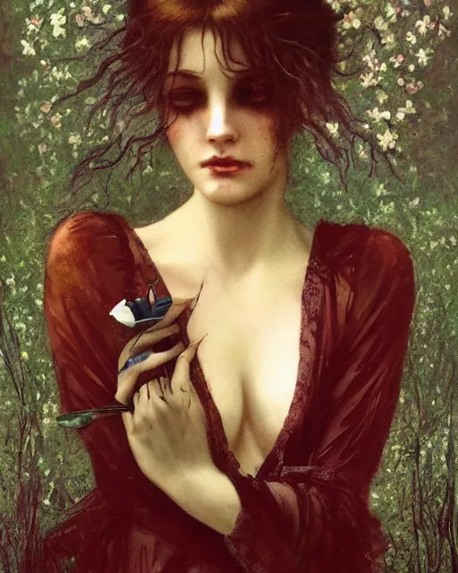 Prompt: a beautiful but sinister and creepy woman in layers of fear, with haunted eyes, violence in her eyes, putting on lipgloss, 1 9 7 0 s, seventies, delicate embellishments, a little blood, woodland, moonlight shining on wildflowers, painterly, offset printing technique, by alexandre cabanel, mary jane ansell