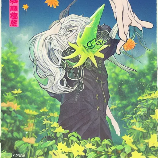 Prompt: manga cover of Cthulhu picking flowers