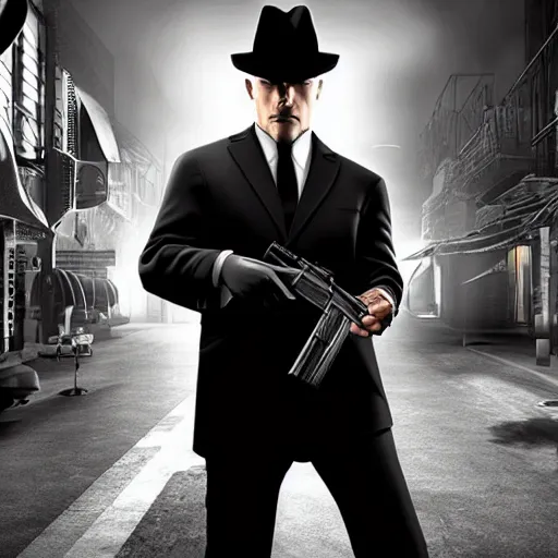 Prompt: serious looking hitman in a black suit and black fedora hat. he has a big silver gun, 4 k, atmospheric, epic scene, strong shadows, high contrast