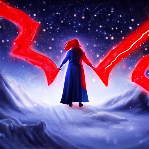 Image similar to red headed woman dressed in dark blue wizard robes holding a wooden staff covered in glowing red runes topped with a glowing gem. background of snowy mountains. fantasy painting.