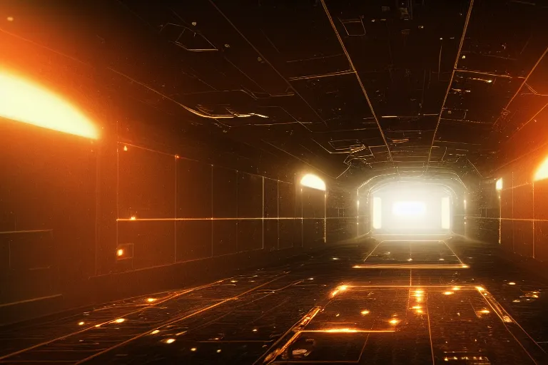 Image similar to a realistic rendering of a dark spacecraft interior, corridor, rows of doors, sparks from ceiling lights in the style of dead space, depth of field, anamorphic lens, sci - fi color grade