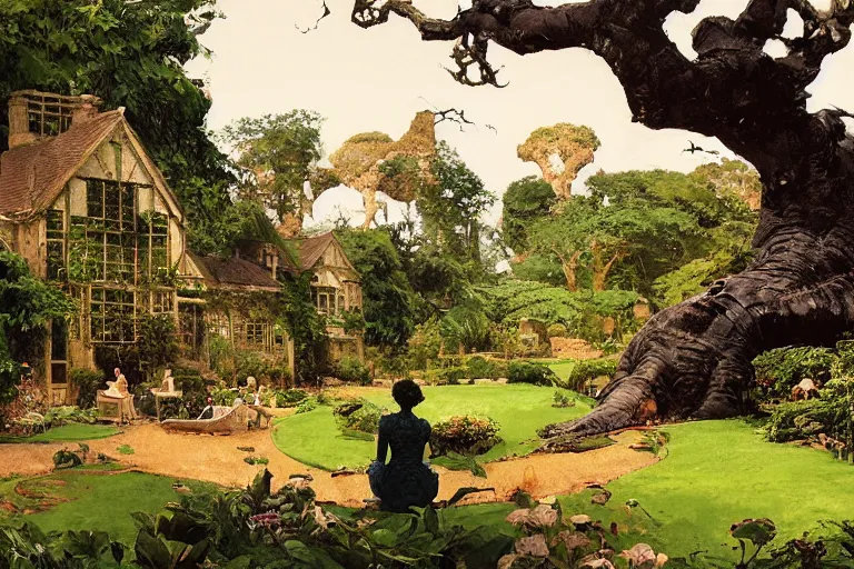 Image similar to illustration of elegant black woman watching spacecraft land in garden of english country mansion, baobab trees, distant town in valley and hills, by norman rockwell, jack kirby, john berkey, bergey, craig mullins, ruan jia, raymond swanland, jeremy mann, tom lovell, morgan weistling, carl spitzweg