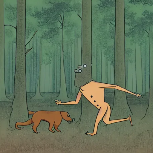 Prompt: a monster with head of a human and body of a dog running through the forest, trees looking like pommes