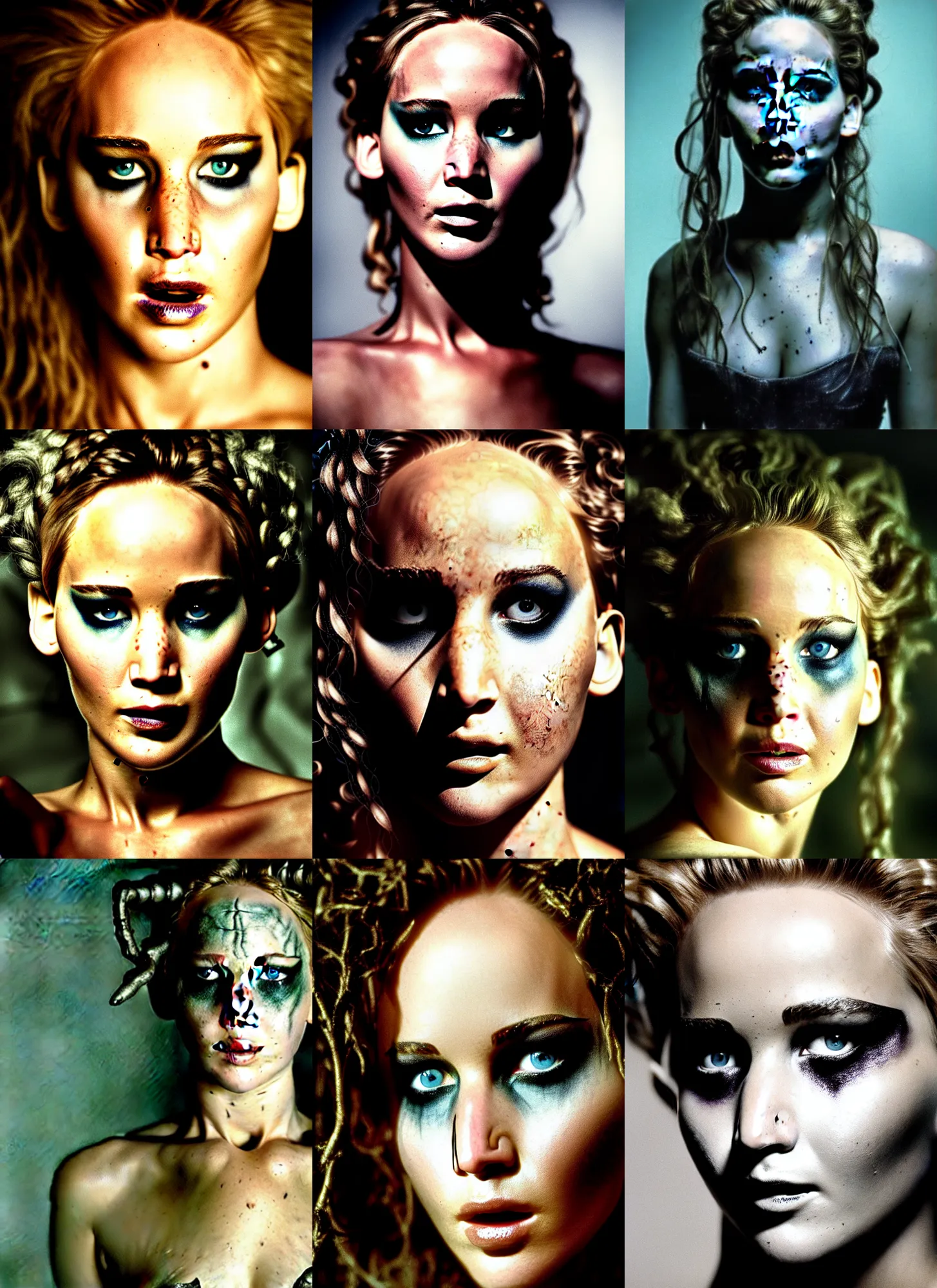 Prompt: award winning fashion photography portrait of jennifer lawrence as frankenstein's monster, very pretty eyes, face in focus, soft lighting, volumetric shadows, 8 k photography, 1 9 9 0's