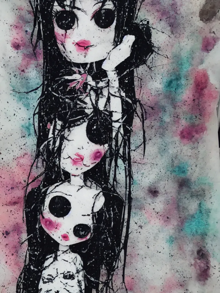 Image similar to cute fumo plush gothic black enigmatic maiden girl painted in spilt ink and washed watercolor, avant garde pop art, vray