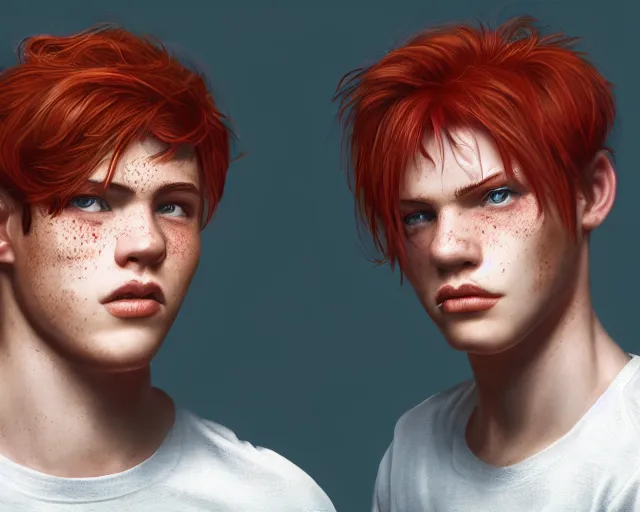 Image similar to portrait stocky of 1 9 - year - old male twins with red hair and freckles, two male, wearing shirts,, hyper realistic face, beautiful eyes, character art, art by mark brooks, hyperdetailed, cryengine, trending on artstation, digital art