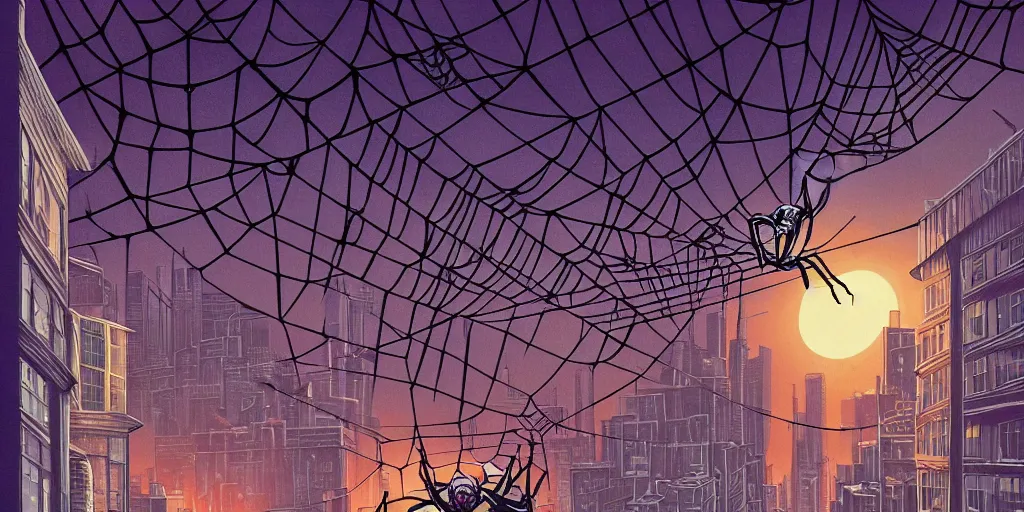 Prompt: Spider stealing past softly through the shadow of the evening sun, background of windows of the blissfully dead, a tangle of spider webs, surrealistic, dark, matte painting by Jeffrey Smith and Dan Mumford and Studio Ghibli, trending on artstationhq, 4k HDR