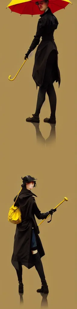 Image similar to A very tall, slender woman wearing black puffy clothes and holding a yellow umbrella, sharp focus, intricate, elegant, digital painting, artstation, matte, highly detailed, concept art, illustration, ambient lighting, art by artgerm, Alphonse mucha, and Greg Rutkowski
