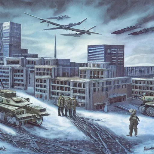 Prompt: battle of stalingrad in edmonton alberta, yeg, yeg, bibliotank, brutalism architecture, in winter, cold war, in the style of kelly freas, cityscape,