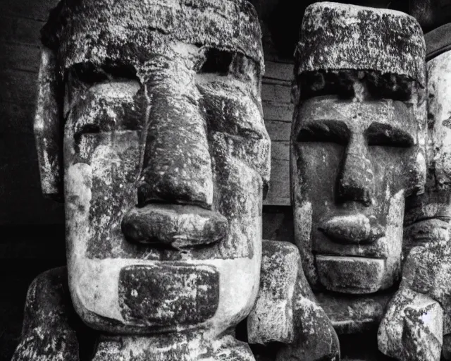 Prompt: black and white noir film. moai as lords of cannabis.