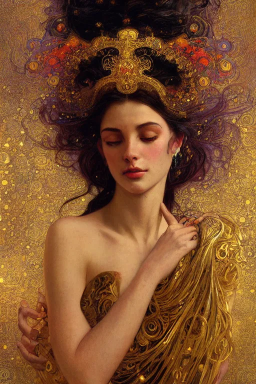 Image similar to an intricate painting of a beautiful young lady with an artistic sensual pose with klimt golden motives and textures, hyper detailed, ornamental gold headpiece, octane render, vivid colors, artstation, by jeremy mann, by alphonse mucha, by boris vallejo