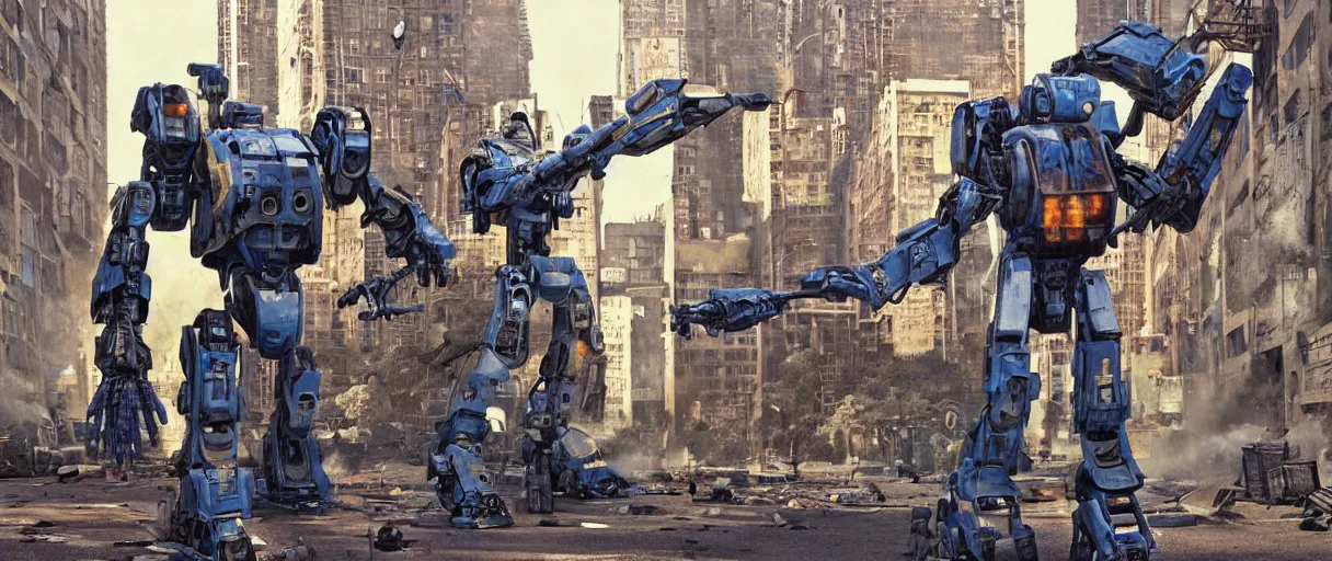 Prompt: chappie battles ed - 2 0 9 in a ghetto in nyc, circa 9 0 0 0, designed by syd mead moebius sorayama jack kirby, hdr, photorealistic, graffiti background, octane render, 8 k