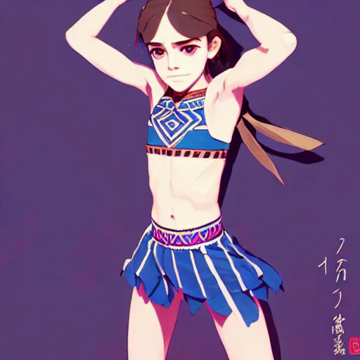 Image similar to a beautiful boyish emma watson alluring instagram model, wearing japanese hiphop aztec leotard outfit with mayan pattern and native style, aztec street fashion bathing suit, botw style, gapmoe yandere grimdark, trending on pixiv fanbox, painted by greg rutkowski makoto shinkai takashi takeuchi studio ghibli, akihiko yoshida