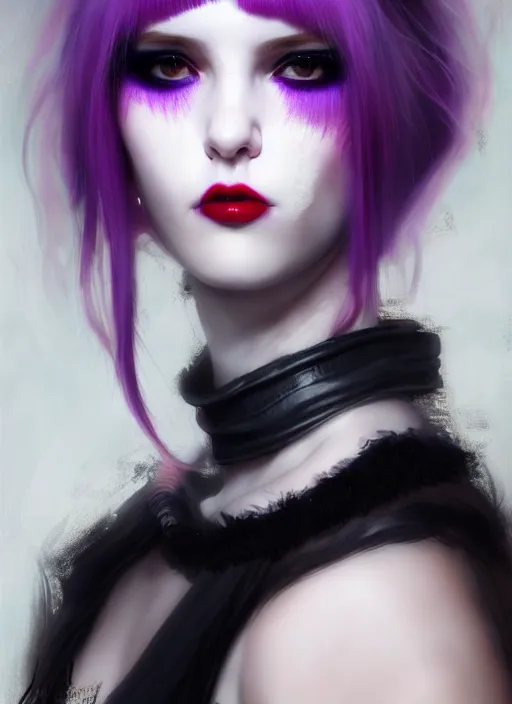 Image similar to portrait of white teenage girl, normal face, white bangs, mall goth, cyberlox, black and white hair, bangs, fluffy bangs, red contact lenses, purple lipstick, intricate, elegant, highly detailed, digital painting, artstation, concept art, sharp focus, smooth, illustration, art by wlop, mars ravelo and greg rutkowski