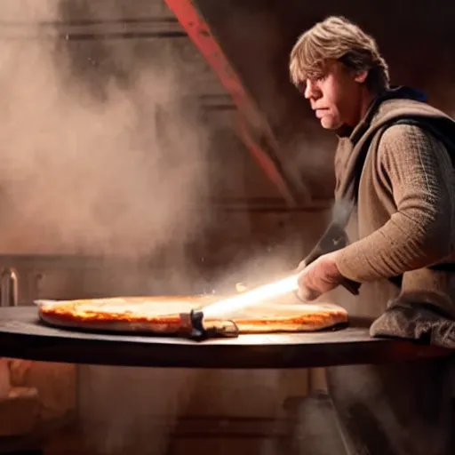 Prompt: A still of Luke Skywalker making a pizza, 4k, photograph, ultra realistic, highly detailed, professional lighting