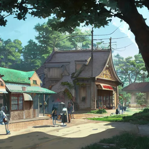 Image similar to concept art painting of a historic bakery with european and japanese architecture, in a woodland village surrounded by trees, realistic, detailed, cel shaded, in the style of makoto shinkai and greg rutkowski and james gurney