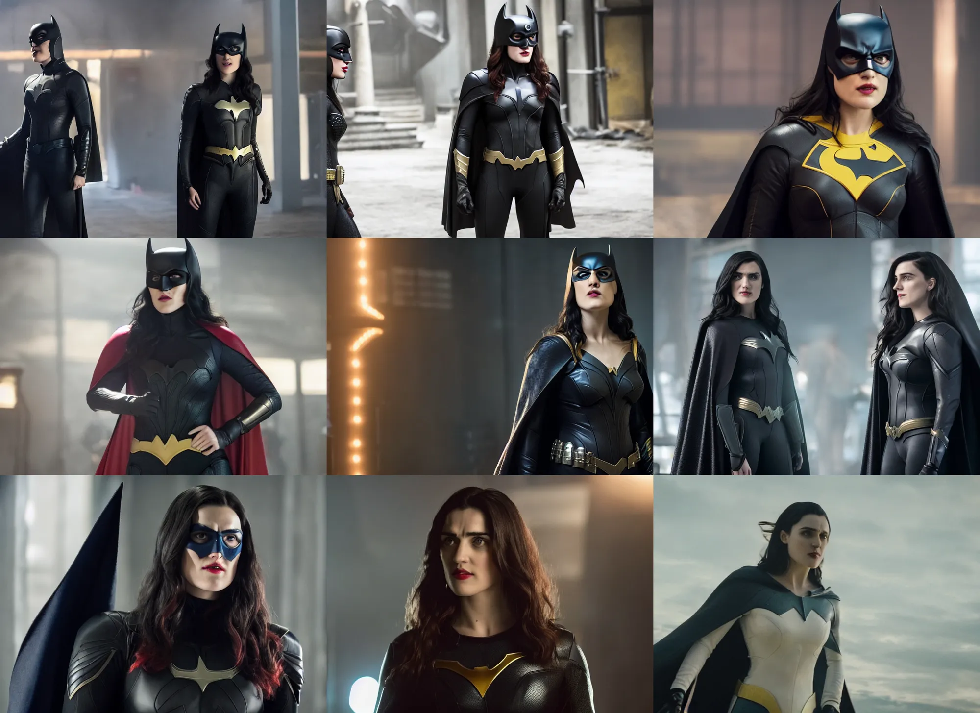 Prompt: film still of katie mcgrath as superheroine in the new batgirl movie, black cape, black leather, movie still 8 k