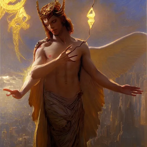 Image similar to attractive male deity casts light spell, summons attractive male lucifer morningstar. highly detailed painting by gaston bussiere, craig mullins, j. c. leyendecker 8 k