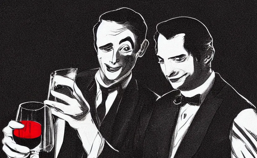 Prompt: A handsome Frenchman and the devil toasting over a whiskey, film noir style, black and white and red colors, establishing shot, extremely high level of detail, high quality, digital art