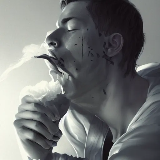 Image similar to Man being consumed by smoke, beautiful illustration, detailed, by Wylie Beckert, artgerm, top on artstation, realistic, 4k