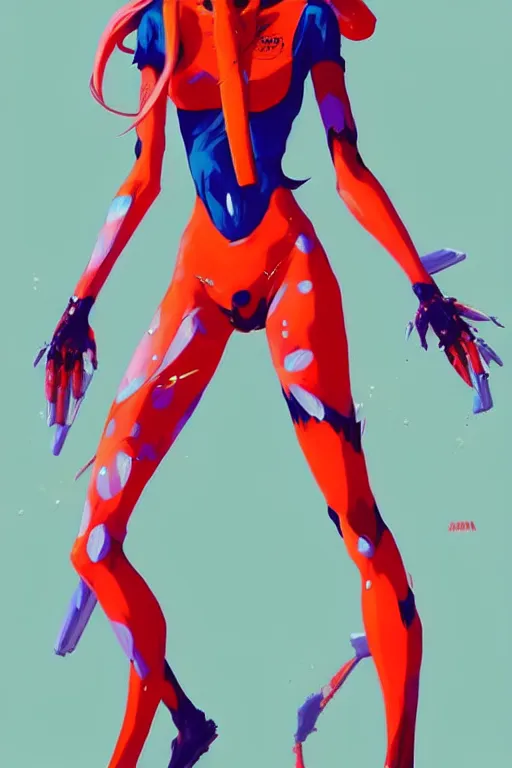 Image similar to a ultradetailed full body painting of asuka from evangelion, by conrad roset, greg rutkowski and makoto shinkai trending on artstation